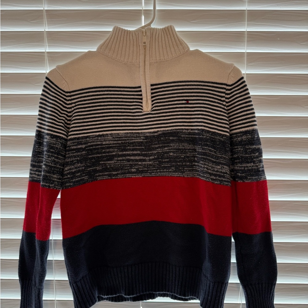 Tommy Hilfiger Navy and Cream Striped Sweater Boys Medium 12/14